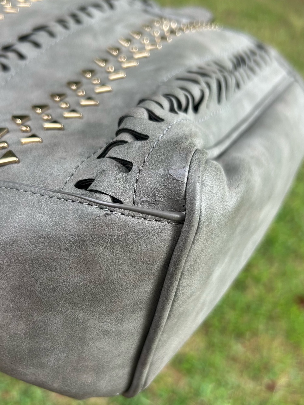 Steve Madden Gray Whipstitch Tote Bag Boho Western Shoulder Purse - Picture 5 of 9